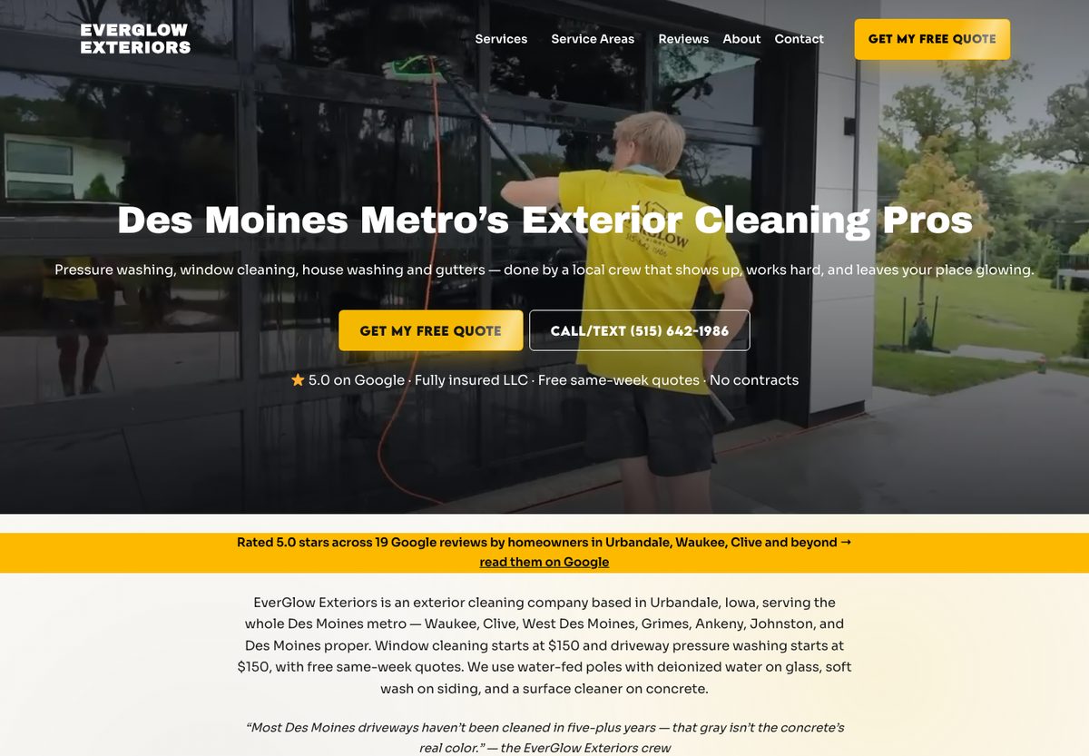 EverGlow Exteriors website homepage